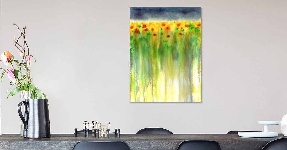 Sonnenblumenfeld abstrakt Aquarellgemälde von Karen Kaspar auf ArtFrame, Leinwand, Poster und mehr | Art Heroes