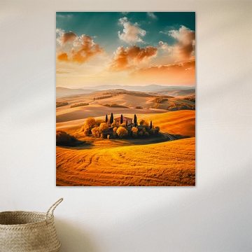 Toscaans landschap met glooiende heuvels zonsondergang