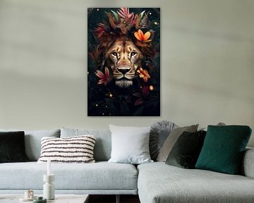 Lion surrounded by flowers by Digitale Schilderijen