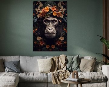 Monkey surrounded by flowers by Digitale Schilderijen