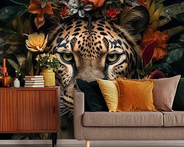 Tiger umgeben von Blumen von Digitale Schilderijen