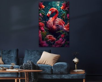 Flamingo omringt door bloemen van Digitale Schilderijen