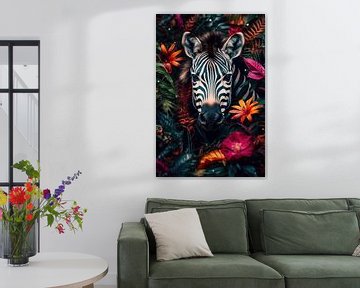 Zebra omringt door bloemen van Digitale Schilderijen