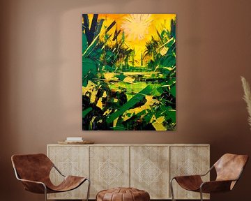 Abstract botanical pond with sun and coarse palette knife by René van den Berg