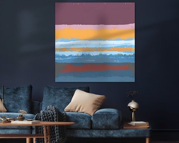 Modern abstract art in bright pastel colors. Sunset in blue, purple, yellow and pink. by Dina Dankers