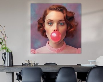 Portret foto van een jonge vrouw met een bubblegum uit haar mond van Roger VDB