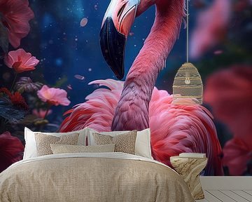 Portret van een flamingo omringd door bloemen van Digitale Schilderijen