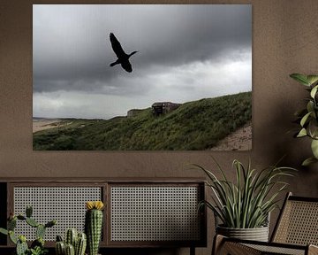 Black bird in black sky