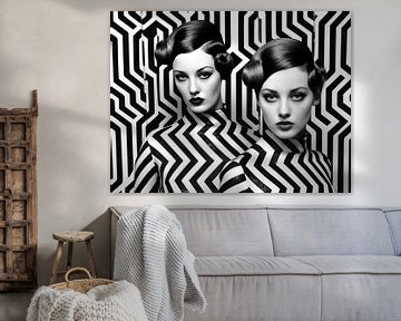 Retro black and white portrait of two women in a pattern game