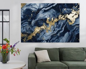 Marmer abstractie in navy blauw, goud en licht blauw van Digitale Schilderijen