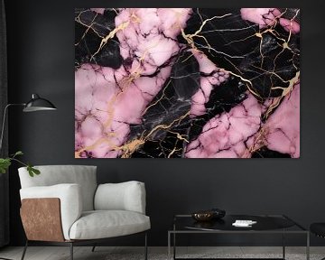Marmer abstractie in zwart, roze en goud van Digitale Schilderijen