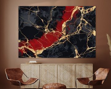 Marmer abstractie in zwart, rood en goud van Digitale Schilderijen