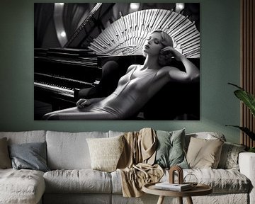 Posing woman reclining on Steinway grand piano in Art Deco lounge by Jan Bechtum