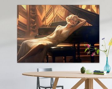 Posing woman reclining on Steinway grand piano in Art Deco lounge by Jan Bechtum