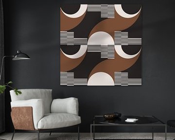 Retro Circles, Stripes in Brown, White, Black. Modern abstract geometric art no. 1 by Dina Dankers