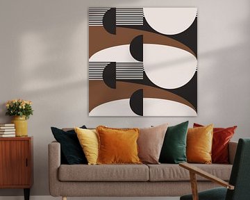 Retro Circles, Stripes in Brown, White, Black. Modern abstract geometric art no. 3 by Dina Dankers
