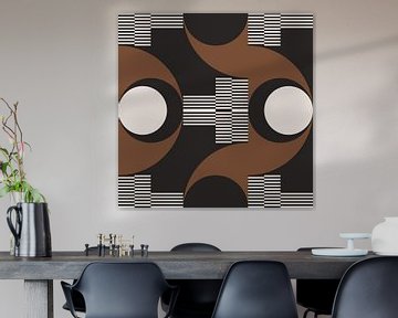 Retro Cirkels, Strepen in Bruin, Wit, Zwart. Moderne abstracte geometrische kunst nr. 4 van Dina Dankers