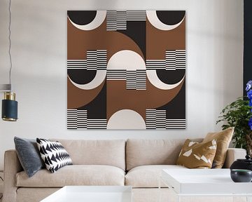 Retro Cirkels, Strepen in Bruin, Wit, Zwart. Moderne abstracte geometrische kunst nr. 5 van Dina Dankers