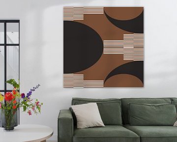 Retro Circles, Stripes in Brown, White, Black. Modern abstract geometric art no. 6 by Dina Dankers