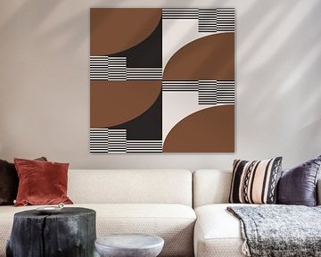 Retro Circles, Stripes in Brown, White, Black. Modern abstract geometric art no. 7 by Dina Dankers