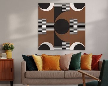 Retro Circles, Stripes in Brown, White, Black. Modern abstract geometric art no. 9 by Dina Dankers
