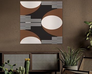 Retro Circles, Stripes in Brown, White, Black. Modern abstract geometric art no. 10 by Dina Dankers