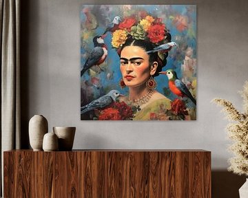 Frida - schilderij Frida met vogels op blauw van De Mooiste Kunst
