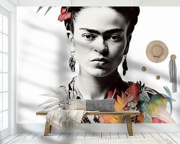 Frida - Schwarz und weiß mit farbigen Details von Wunderbare Kunst