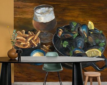 seafood, mussels with beer and chips oil painting by Astridsart