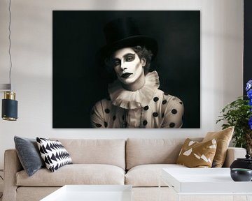 Melancholic Pierrot portrait in black and white by Vlindertuin Art