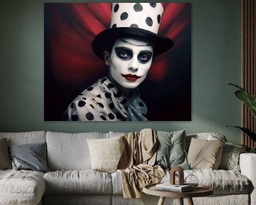 Pierrot portrait painting in black and red by Vlindertuin Art