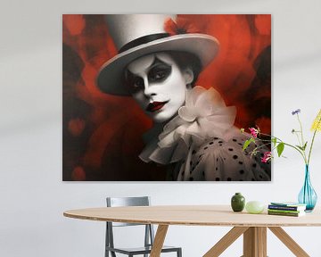 Portrait de Pierrot en rouge, noir et blanc sur Vlindertuin Art