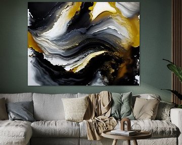 Een abstract schilderij in goud geel en zwart van Retrotimes