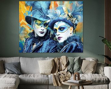 Masked party portrait in blue by Vlindertuin Art