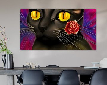 Zwarte kat Abstract met Roos van Betty Maria Digital Art