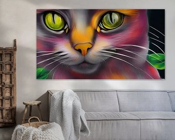 Abstract kat met groene blaadjes van Betty Maria Digital Art