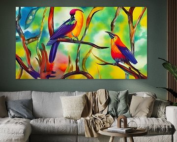 Exotic birds on branches Abstract