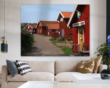 Colourful houses with Swedish flag