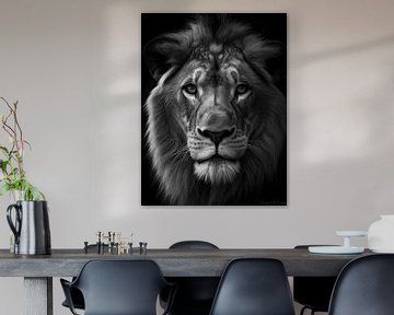 Monochrome majestueux : un portrait de lion en noir et blanc sur Eva Lee