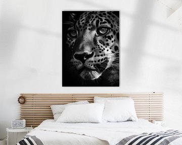 Elegante Wildnis: Leopard in Schwarz-Weiß-Porträt von Eva Lee