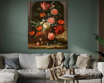 Stilleben mit Rosen Tuberosen Tulpenwinde und anderen Blumen in einer Nische, Elias van den broeck