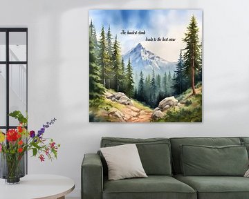 Landschap met berg en bos - aquarel - met tekst van Jan Bechtum