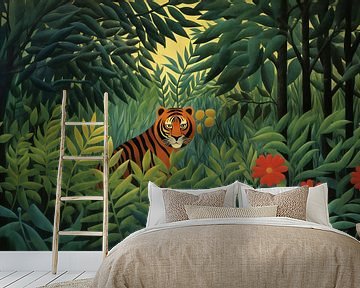 Majestic Tiger in the Jungle - Painting in the Style of Henri Rousseau by Roger VDB