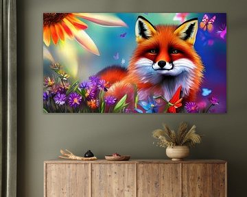 Fuchs mit Blumen und Schmetterlingen in fröhlichen Farben von Betty Maria Digital Art