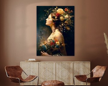 Elegant Lady with Flowers - Art Nouveau Painting full of contrast and sophistication by Roger VDB