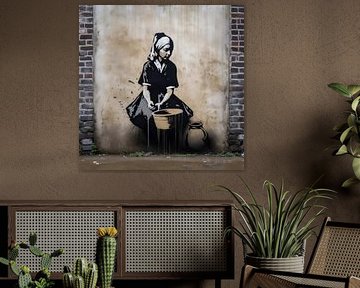 Vermeer an der Wand | Banksy-Stil | Graffiti von Blickfänger Gemälde
