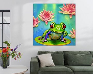 Frog on water lily leaf with flowers by Betty Maria Digital Art