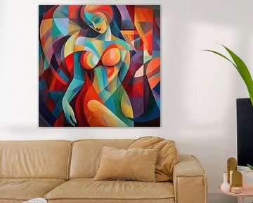 Abstract Schilderij van een Vrouw in Heldere Kleuren van De Mooiste Kunst