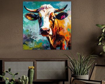 Peinture d'une vache en couleur - Peinture abstraite d'une vache sur De Mooiste Kunst