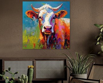 Koe in levendige kleuren - Abstracte koe schilderij van De Mooiste Kunst